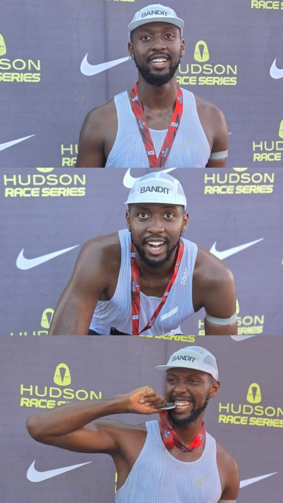 Three photos of me after a race, medal around my neck — grinning, crouching, and biting the medal